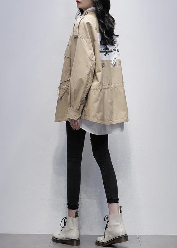 Beautiful khaki print Plus Size tunic pattern Wardrobes stand collar pockets women coats - bagstylebliss