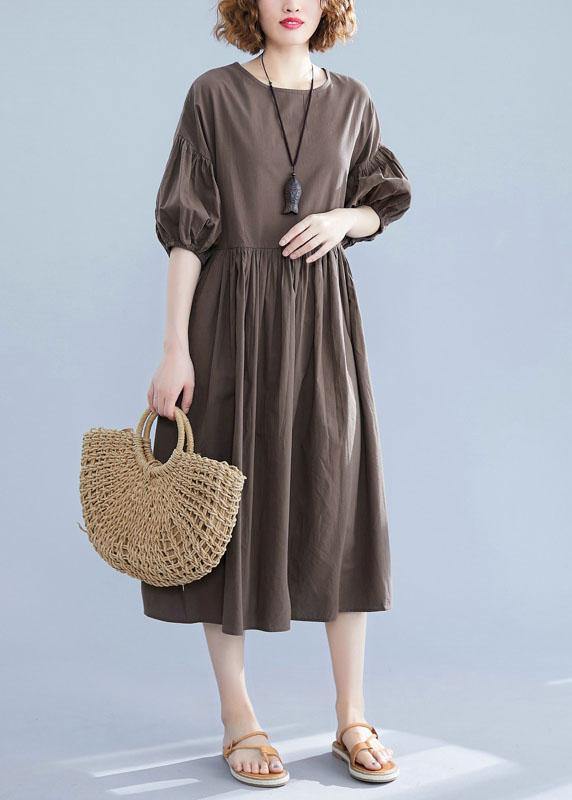 Beautiful lantern sleeve cotton quilting clothes Shape dark khaki o neck Plus Size Dress summer - bagstylebliss