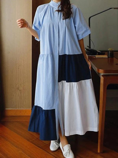 Beautiful lapel patchwork cotton clothes Runway blue Dresses - bagstylebliss