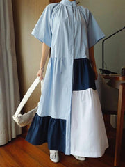 Beautiful lapel patchwork cotton clothes Runway blue Dresses - bagstylebliss