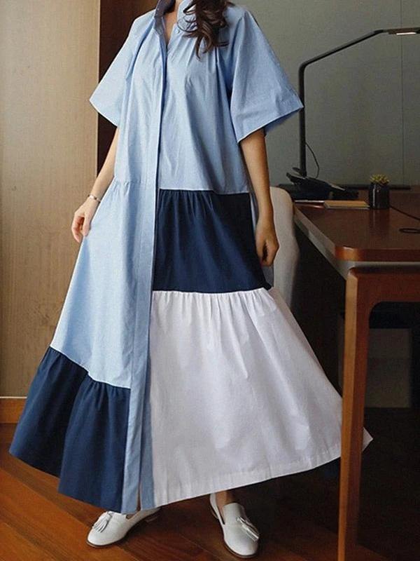 Beautiful lapel patchwork cotton clothes Runway blue Dresses - bagstylebliss