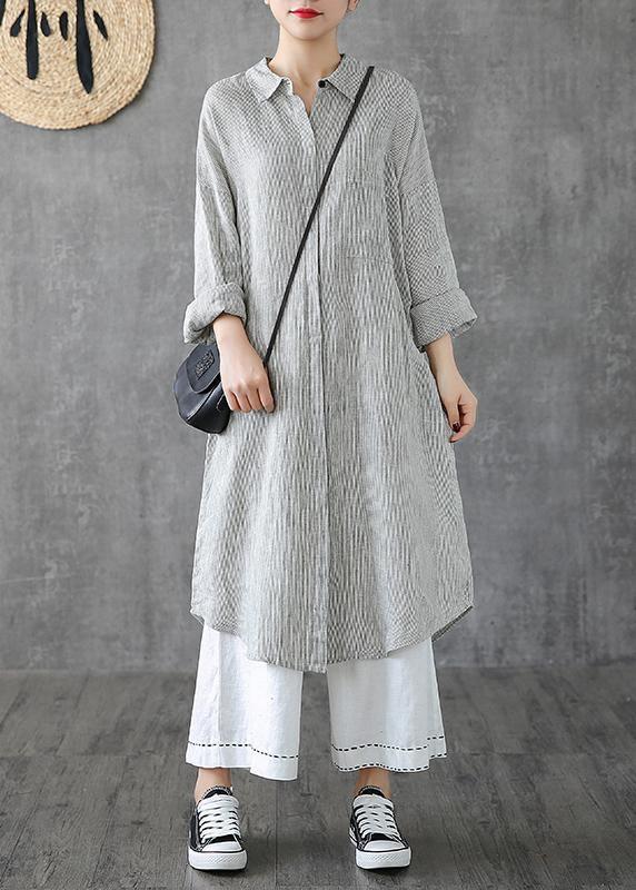 Beautiful lapel pockets linen clothes Photography gray striped Dress - bagstylebliss