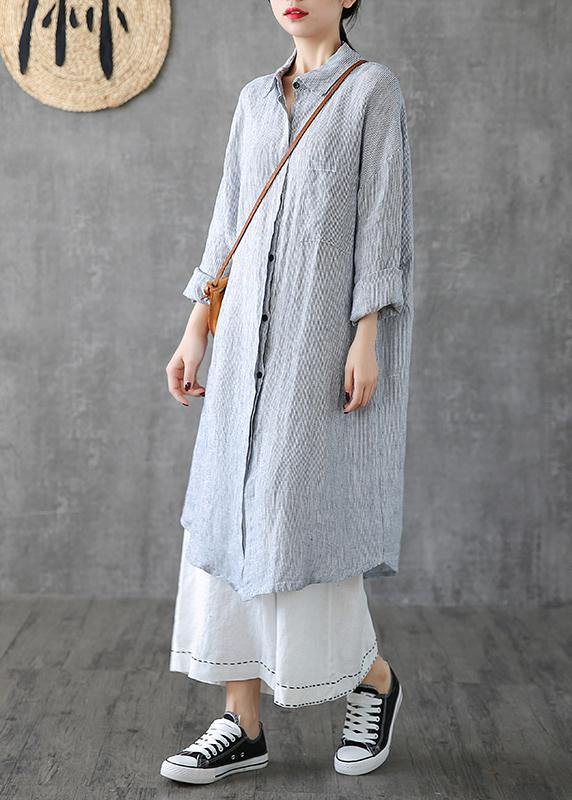 Beautiful lapel pockets linen clothes Photography gray striped Dress - bagstylebliss