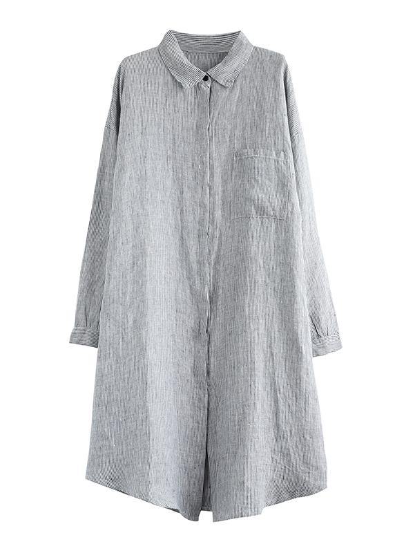 Beautiful lapel pockets linen clothes Photography gray striped Dress - bagstylebliss