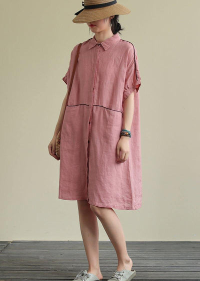 Beautiful lapel pockets linen summer dresses Runway pink Dress - bagstylebliss