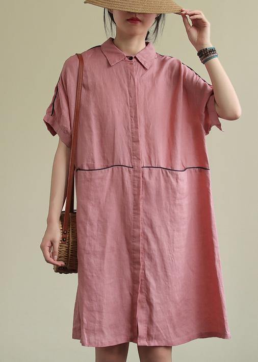 Beautiful lapel pockets linen summer dresses Runway pink Dress - bagstylebliss