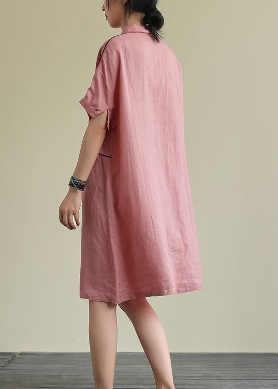 Beautiful lapel pockets linen summer dresses Runway pink Dress - bagstylebliss