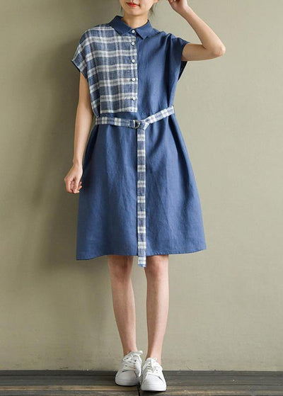 Beautiful lapel tie waist linen dresses Cotton blue Plaid Dress summer - bagstylebliss