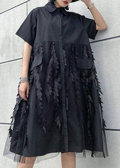 Beautiful lapel tulle Cotton summer clothes For Women Shape black Dress - bagstylebliss
