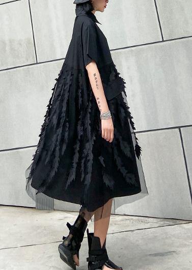 Beautiful lapel tulle Cotton summer clothes For Women Shape black Dress - bagstylebliss