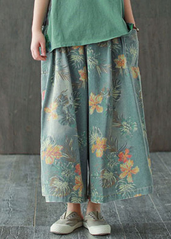 Beautiful light Blue elastic waist Pockets Print Cotton wide leg Pants Spring