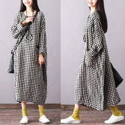 Beautiful linen dresses Fashion Batwing Sleeve Women Round Neck Plaid Black Dress