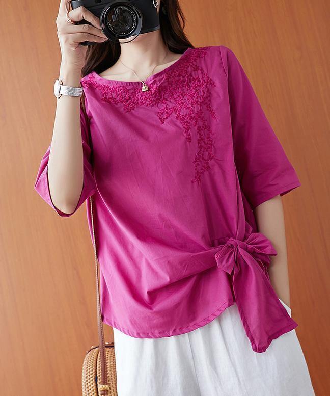 Beautiful o neck Bow Shirts Outfits rose embroidery shirts - bagstylebliss