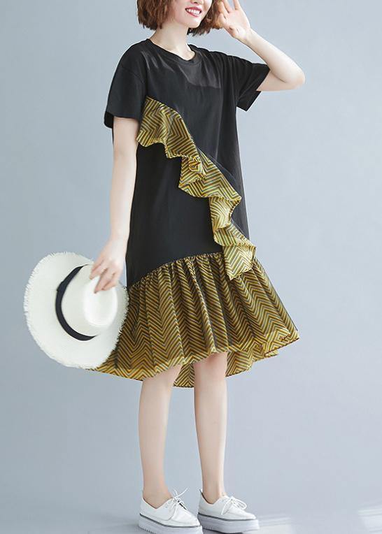 Beautiful o neck Ruffles Cotton summer clothes For Women black Dresses - bagstylebliss
