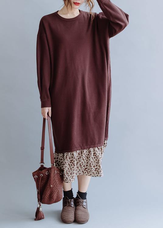 Beautiful o neck asymmetric false two pieces fall clothes For Women Outfits brown loose Dress - bagstylebliss