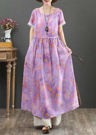 Beautiful o neck drawstring cotton linen summer clothes purple print Dress - bagstylebliss