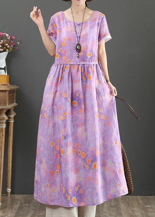Beautiful o neck drawstring cotton linen summer clothes purple print Dress - bagstylebliss