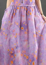 Beautiful o neck drawstring cotton linen summer clothes purple print Dress - bagstylebliss