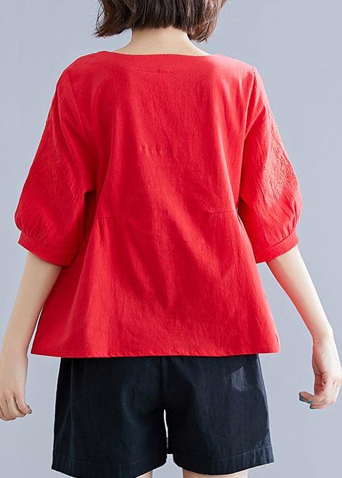 Beautiful o neck embroidery cotton Shirts Fashion Ideas red tops summer - bagstylebliss