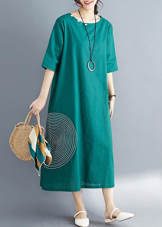 Beautiful o neck embroidery cotton dress plus size pattern green Dress Summer - bagstylebliss