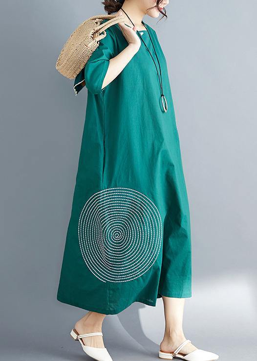 Beautiful o neck embroidery cotton dress plus size pattern green Dress Summer - bagstylebliss