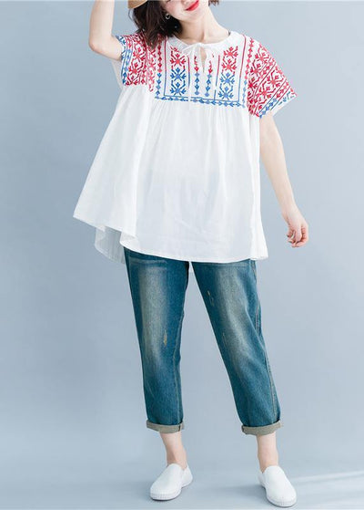 Beautiful o neck embroidery cotton linen tops silhouette white Midi tops summer - bagstylebliss