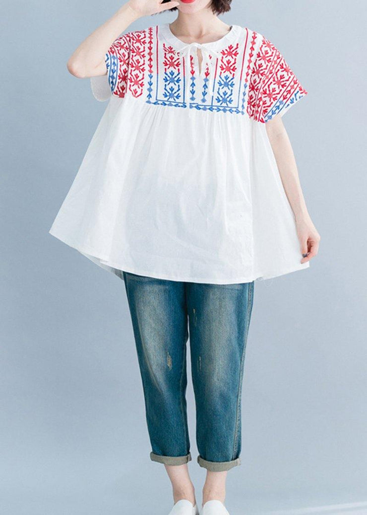 Beautiful o neck embroidery cotton linen tops silhouette white Midi tops summer - bagstylebliss