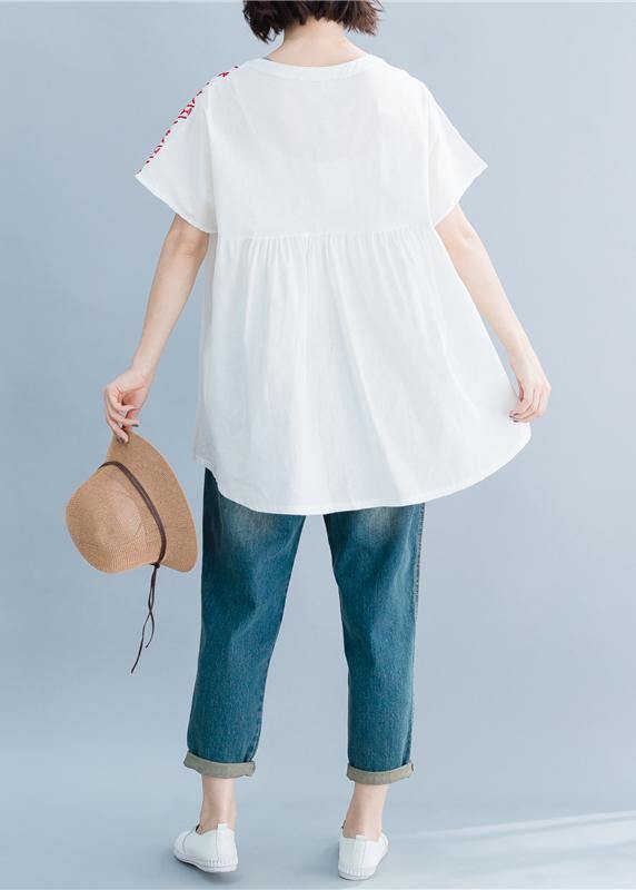 Beautiful o neck embroidery cotton linen tops silhouette white Midi tops summer - bagstylebliss