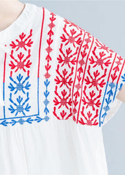 Beautiful o neck embroidery cotton linen tops silhouette white Midi tops summer - bagstylebliss