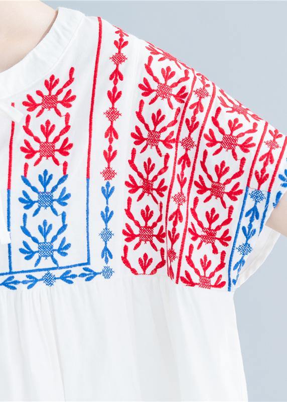 Beautiful o neck embroidery cotton linen tops silhouette white Midi tops summer - bagstylebliss