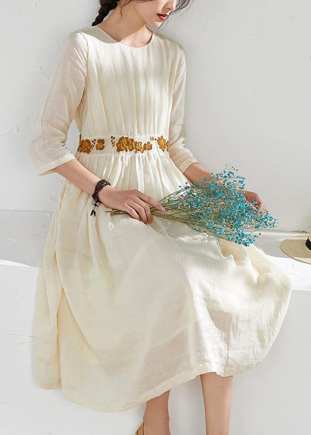 Beautiful o neck embroidery linen summer clothes Sewing beige Dresses - bagstylebliss