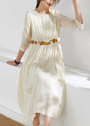 Beautiful o neck embroidery linen summer clothes Sewing beige Dresses - bagstylebliss