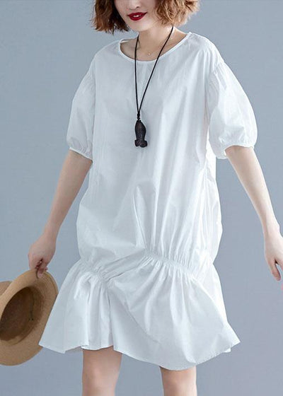 Beautiful o neck lantern sleeve Cotton pattern white Dresses - bagstylebliss