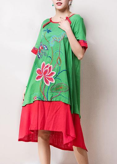 Beautiful o neck patchwork cotton linen quilting dresses Inspiration green embroidery Dress summer - bagstylebliss