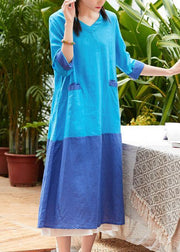 Beautiful o neck pockets linen Wardrobes Photography light blue patchwork Dress summer - bagstylebliss