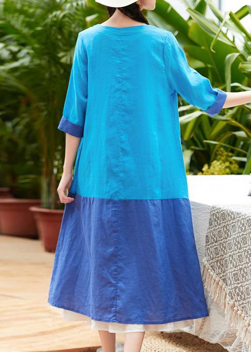 Beautiful o neck pockets linen Wardrobes Photography light blue patchwork Dress summer - bagstylebliss