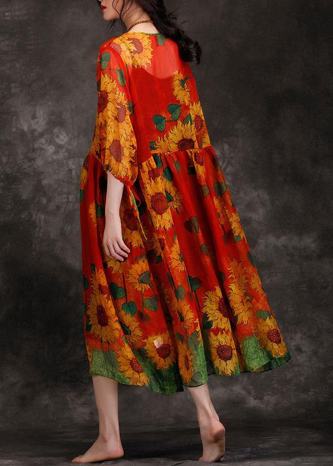 Beautiful o neck Cinched Chiffon dress pattern red print Dress summer - bagstylebliss