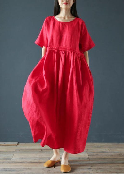 Beautiful o neck Cinched linen summer clothes Fabrics red Dresses - bagstylebliss