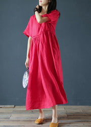 Beautiful o neck Cinched linen summer clothes Fabrics red Dresses - bagstylebliss