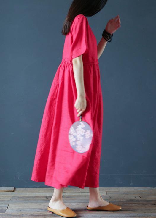 Beautiful o neck Cinched linen summer clothes Fabrics red Dresses - bagstylebliss