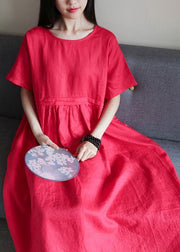 Beautiful o neck Cinched linen summer clothes Fabrics red Dresses - bagstylebliss