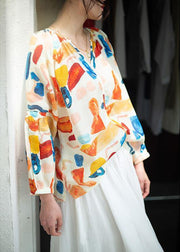 Beautiful orange print clothes v neck low high design summer blouse - bagstylebliss