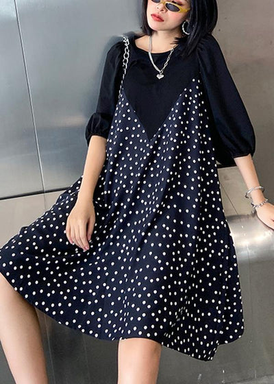 Beautiful patchwork Cotton summer dress Work Outfits black dotted Dress - bagstylebliss