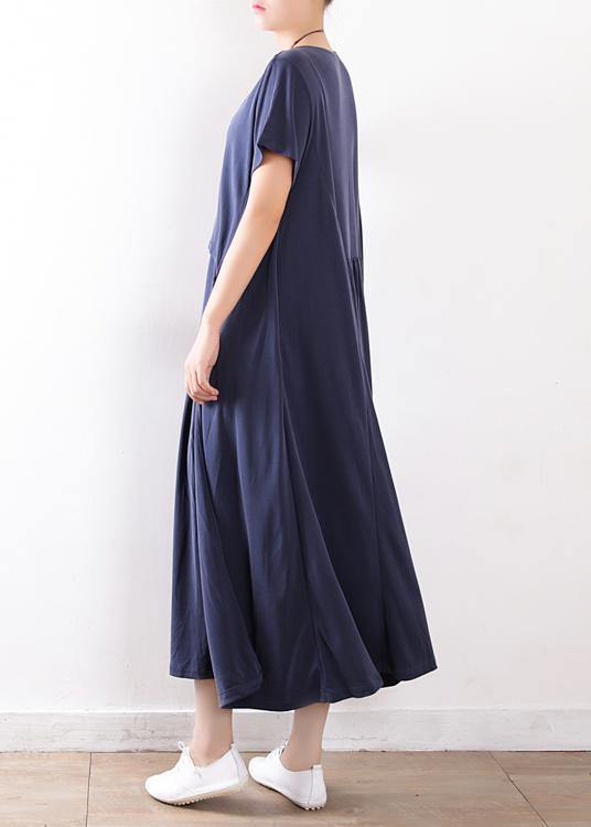Beautiful patchwork exra large hem silk clothes Fitted Neckline dull blue Maxi Dresses Summer - bagstylebliss