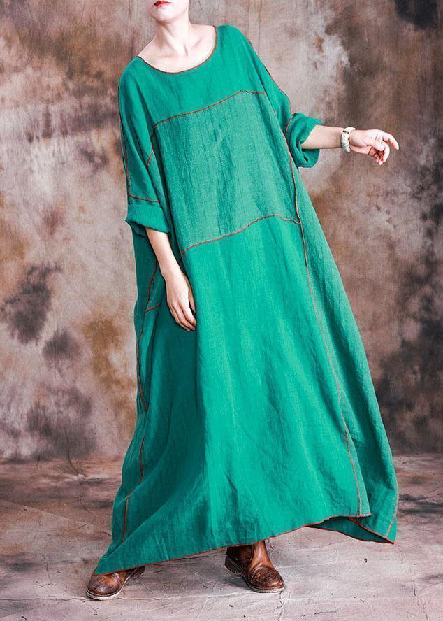 Beautiful patchwork linen dresses Shirts green Batwing Sleeve Dresses fall - bagstylebliss