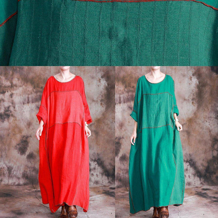 Beautiful patchwork linen dresses Shirts green Batwing Sleeve Dresses fall - bagstylebliss