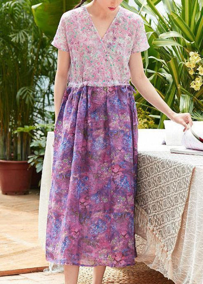 Beautiful pink print linen clothes For Women v neck patchwork long summer Dress - bagstylebliss