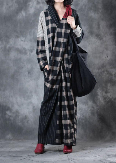 Beautiful plaid patchwork striped linen clothes asymmetric Dresses v neck Dresses - bagstylebliss