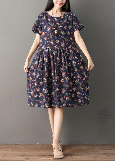 Beautiful print cotton clothes Indian Sewing navy oversized Dresses summer - bagstylebliss