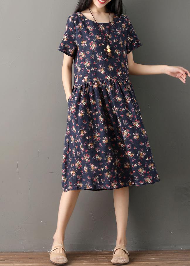 Beautiful print cotton clothes Indian Sewing navy oversized Dresses summer - bagstylebliss